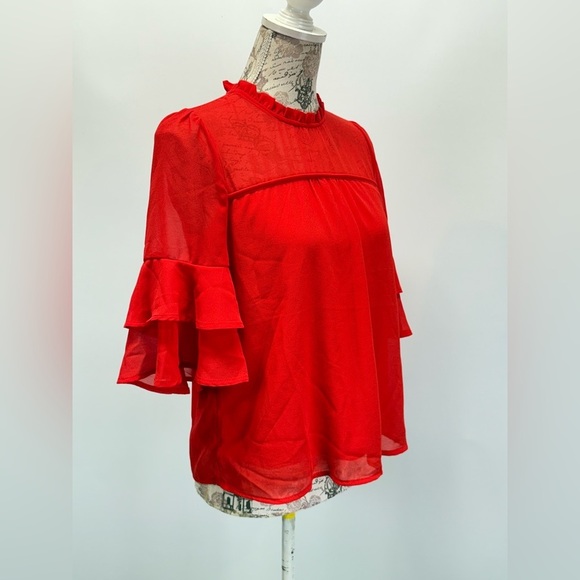 MONTEAU Cherry red sheer ruffle sleeve top size S. - Picture 7 of 13